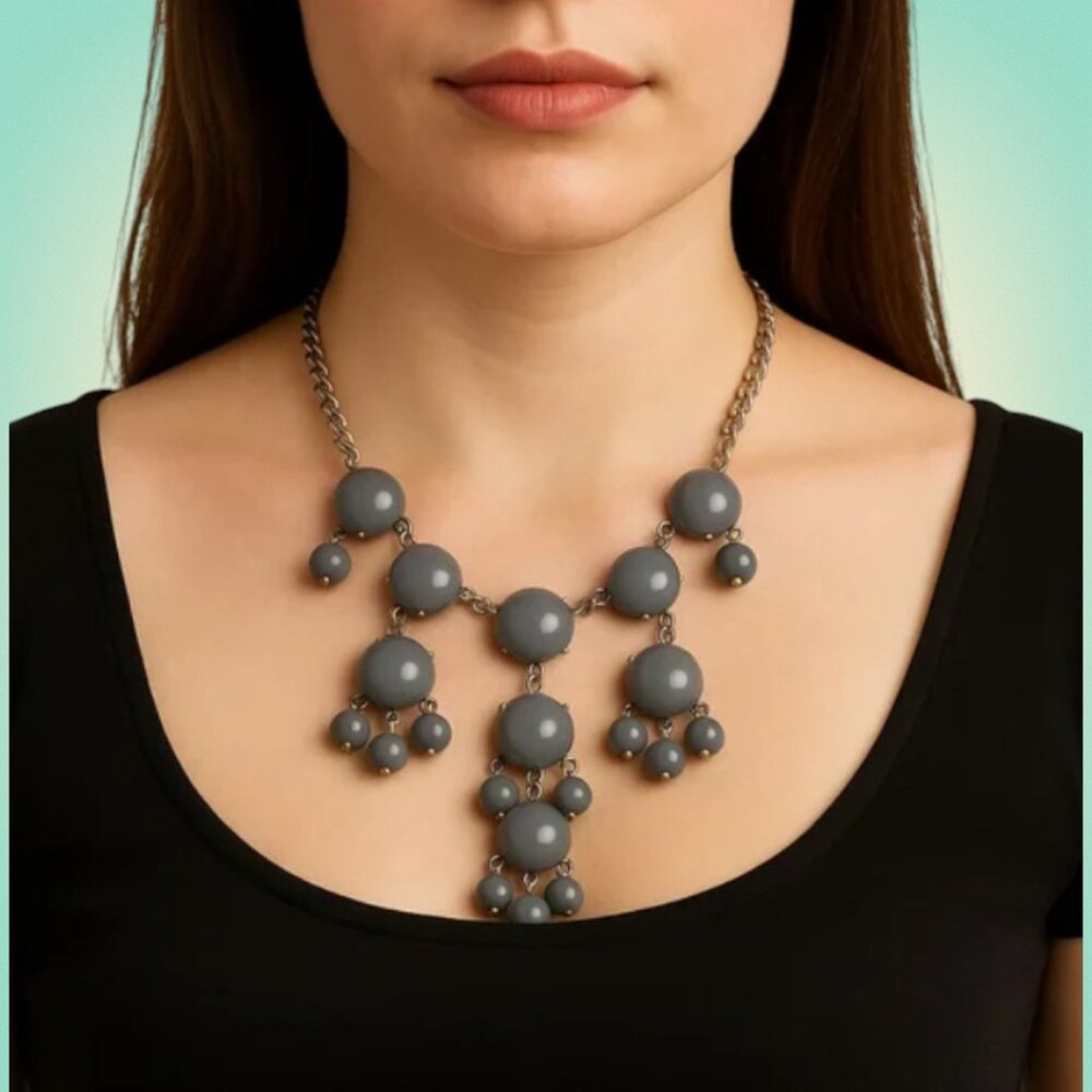 Y2K Glam Bubble Bib Statement Necklace Gray Beaded Silver Tone Chunky Jewelry
